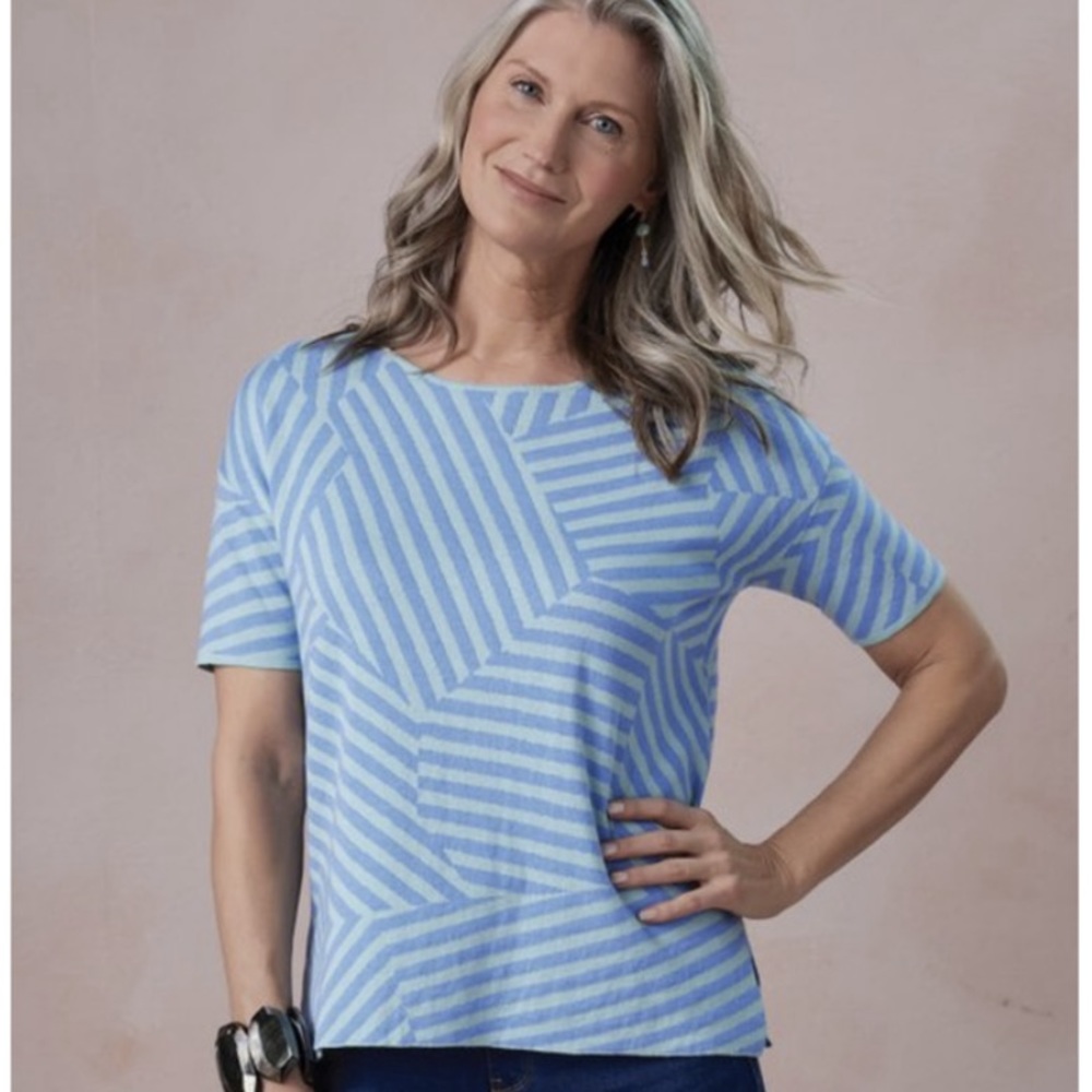 NWT Soft Surroundings Blue/Green Asymmetrical Striped Sweater - Size PXL